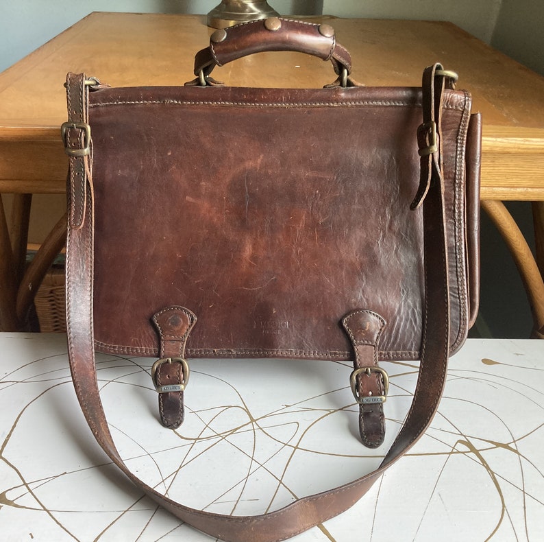 Vintage Leather MEDICI Satchel-Vintage Messenger Bag with Brass image 1