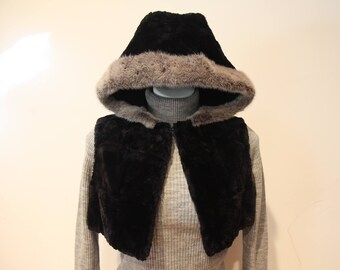 Super Cute!! Vintage 1980's Cropped Fur Vest with Hood-Sapphire Blue Rabbit