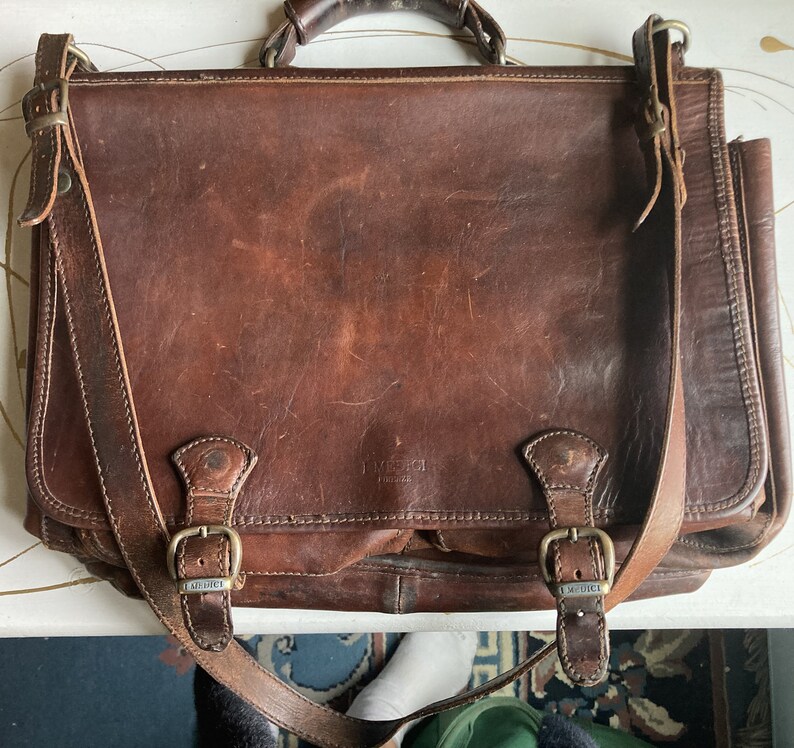 Vintage Umhängetasche MEDICI Satchel aus Leder mit Messingbesatz Bild 2