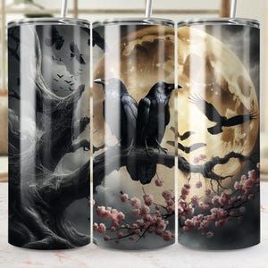 Raven Tumbler Wrap, 20oz Skinny Raven Tumbler PNG, Full Moon Sublimation Designs, Gothic Tumbler Wrap, Digital Download, Seamless