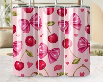 Decorazione per bicchiere termico Coquette Cherry Bow: cuori rosa PNG (download digitale del design per bicchiere termico da 20 oz)