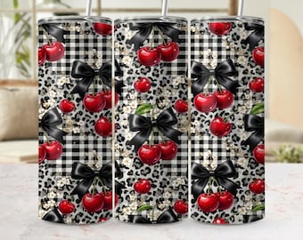 Cherry Coquette Tumbler Wrap PNG 20 Unzen Skinny, Bow Leopard kariert, niedliches Girly Sublimationsdesign