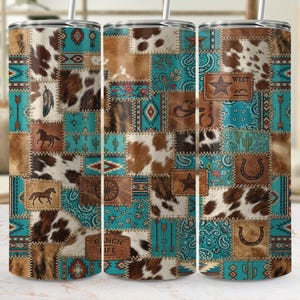 May include: A stainless steel tumbler with a patchwork design featuring cowhide, turquoise, and leather patches. The patches include western-themed images like horses, cacti, and a horseshoe. The tumbler has a silver straw.