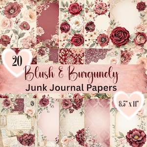 Shabby Chic Junk Journal Paper: Blush Burgundy Floral, 20 Printable Pages (8.5&quot; x 11&quot;)