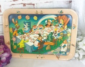 RARE Antique Tin Litho Alice in Wonderland Tray, Vintage Tea Party Mad Hatter 39 s Serving Platter Walt Disney child 39 s Toy, retro Metal, kitsch