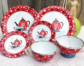 6 piece Mid Century Ohio Art Tin Litho Garden Tea party set, Red Teapot, Co Bryan, Metal Tea Set Cups, dishes, Plates Lot Toy, retro
