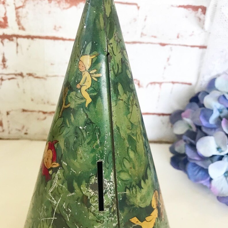 retro Rare Antique Fairy Tree Tin Litho Money Box Mabel Lucy Attwell Vintage Bank William Crawford Biscuit canister rustic primitive