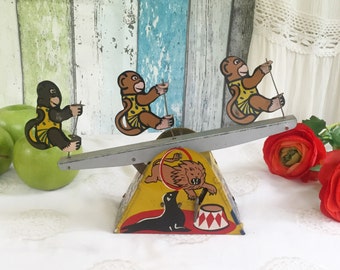 Rare Antique Circus Seesaw Monkeys Wind-Up Tin Litho Toy, Lewco, Carnival, Clown, retro, kitsch, kid, children, nursery décor decorative