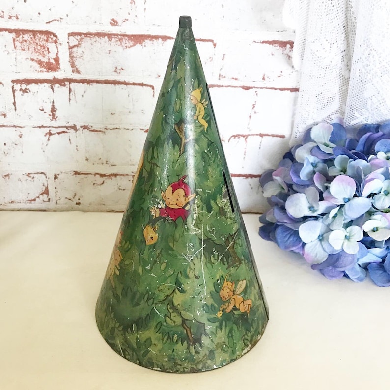 retro Rare Antique Fairy Tree Tin Litho Money Box Mabel Lucy Attwell Vintage Bank William Crawford Biscuit canister rustic primitive