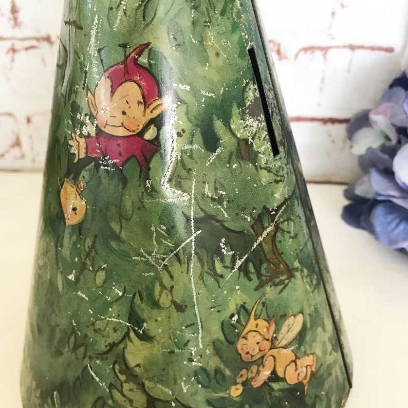 retro Rare Antique Fairy Tree Tin Litho Money Box Mabel Lucy Attwell Vintage Bank William Crawford Biscuit canister rustic primitive