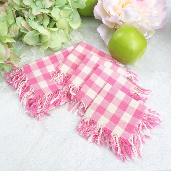 5 Vintage Pink Plaid Napkins, Handkerchiefs, tartan, fringe edge, white, table linens, home decor, hankie, country, shabby chic