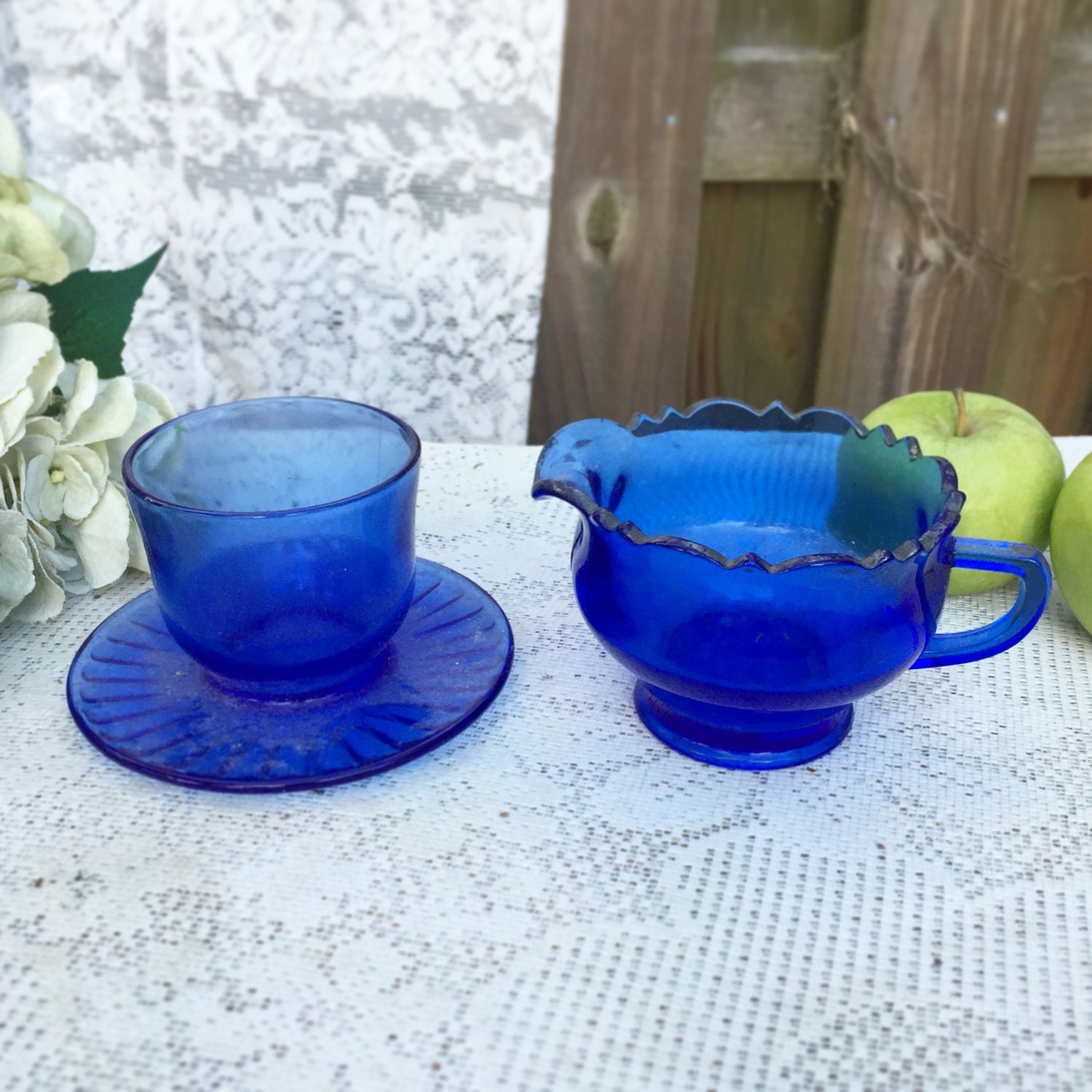 Vintage Blue Glass Sugar Bowl & Creamer Condiment set. Cobalt Etsy