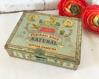 Antique Schinasi Bros Egyptian Cigarette Tin, Art Deco, 1920's, Egypt, pharaoh, revival, pyramids, Cleopatra, tobacco box, advertising