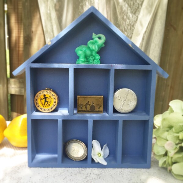 Vintage Shadow Box, House, Blue Violet, Wood, Curio Cabinet, cubby, knick knack, display, shabby cottage chic, rustic, wall hanging art
