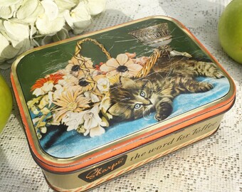 Charming Antique Kitten Tin Litho Box, Advertising, Decorative cat, Sharp's toffee, Floral, Nursery, trinket, storage, jewelry, England