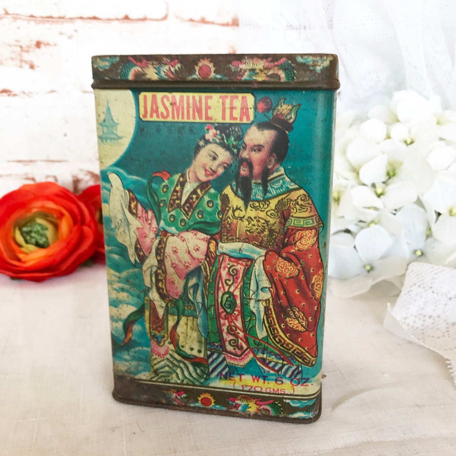 Antique Chinese Tea Tin Litho Box Vintage Etsy