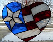 Handmade Stained Glass USA Patriotic Flag Heart Suncatcher Veteran Labor Day