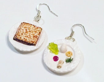 Passover Earrings - Polymer Clay Seder plate and Matzah - Jewish Holiday -  Judaic Jewelry