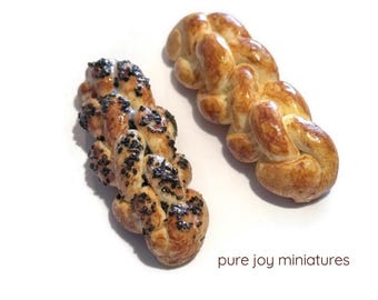 Dollhouse Miniature Challah Bread - Plain or Poppy seed loaves for Shabbat - 12th scale Jewish miniature food