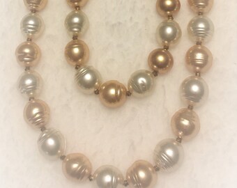 Large Gold and Ivory Faux Pearl Necklace, Bracelet and Earring Set