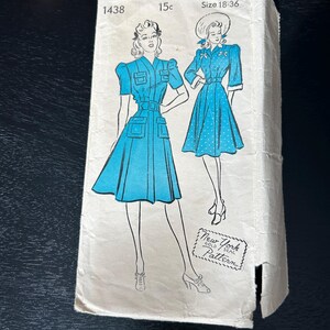 May include: Vintage sewing pattern for a dress, featuring two models wearing blue dresses. The pattern is labeled "1438", "15c", and "Size 18-36". The pattern is from "New York Gold Seal Pattern".