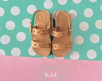 Child / Adult Greek Summer Leather Double Strap style Children & Adult Sandals - Gold Studded Detail