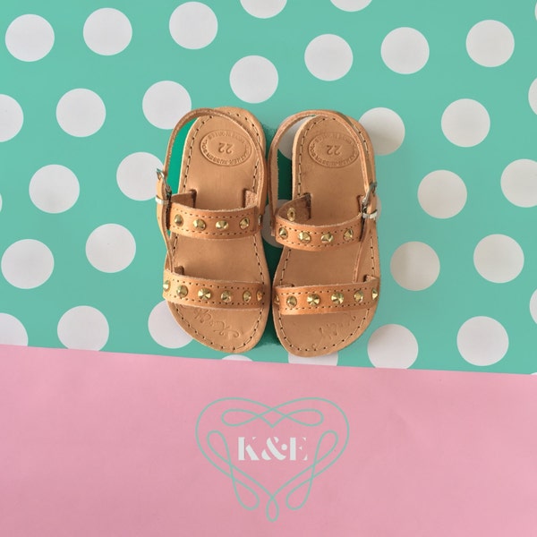 Child / Adult Greek Summer Leather Double Strap style Children & Adult Sandals - Gold Studded Detail