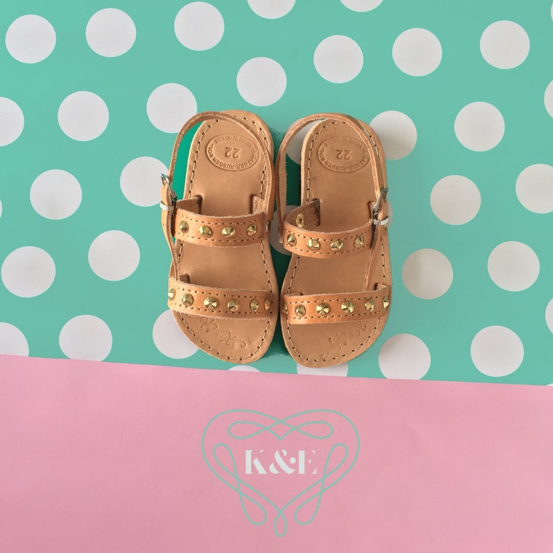 Child / Adult Greek Summer Leather Double Strap style Children & Adult Sandals Gold Studded Detail image 1