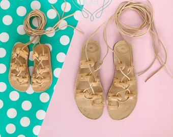 Mommy & Me Greek Summer Leather Gladiator Sandals-Children and Adult Leather Wrap Up Laces Gold Studded detail