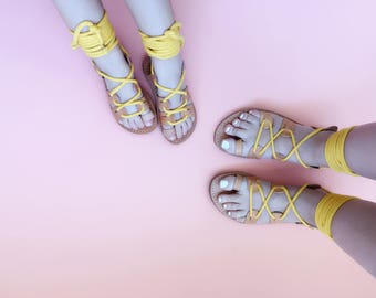 Mommy and Me Gladiator Greek Summer Rope Leather Sandals - Child and Adult Sandals with Rope Fabric Wrap Up Laces