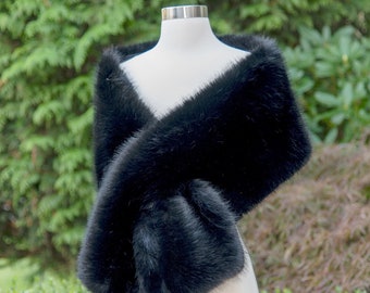 Black Faux Fox Fur Bridal Wrap: Fleece Lined Shrug