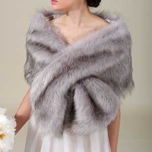 Gray faux fur wrap with black tips, faux fur shawl, faux fur shrug made of high quality imitation fur