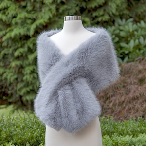 Gray faux fur wrap bridal shawl faux fur shrug made of fox imitation fur