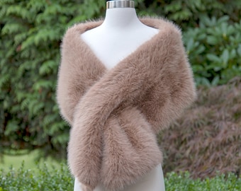Honey Brown Faux Fox Fur Bridal Wrap, Fleece Lined Shawl