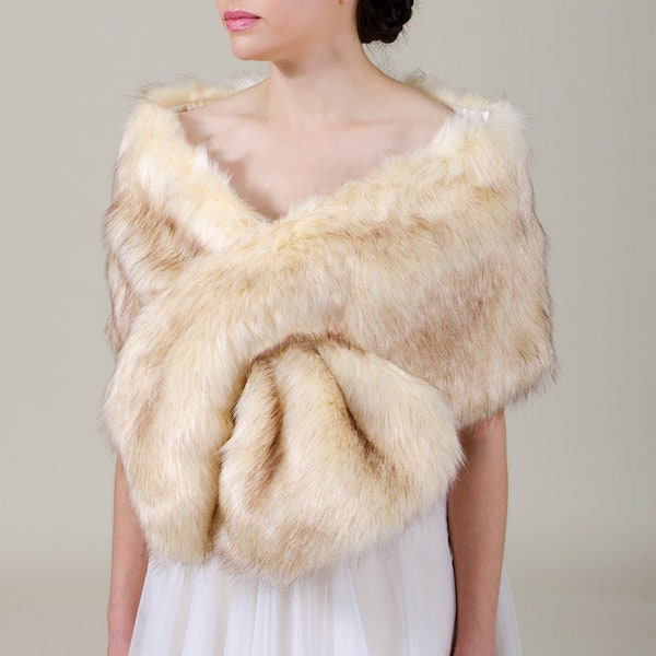 Champagne faux fur wrap with brown tips, faux fur shawl, faux fur shrug made of high quality imitation fur