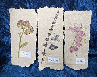 Pressed Flowers on handmade recycled paper, cards, bookmarks, set of 3 inspirational flower papers