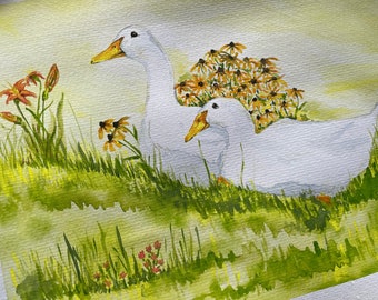 Watercolor Pekin ducks, Original Artwork, unframed 9X12, watercolor painting, 2 ducks in a meadow