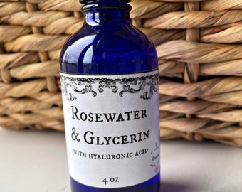 Rosewater and Glycerin with Hyaluronic Acid, all Natural, distilled rose water botanical skincare, skin toner, face cleanser