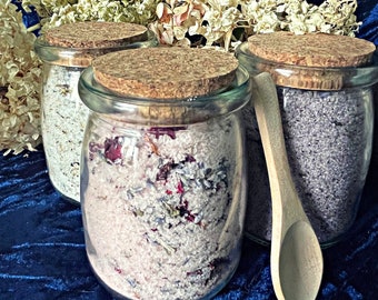 Herbal Bath Salts Set - Set of 3, glass jars, Lavender Rose, Eucalyptus with Chamomile, and Lavender relaxing bath  essential oils and herbs