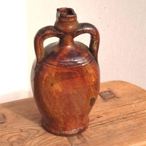 Antique Pottery Spirit Flask Oil Bottle Mustard Glaze Italian Terracotta Rustic Style Amphora Shape Puglia Seminara Salento Southern Italy