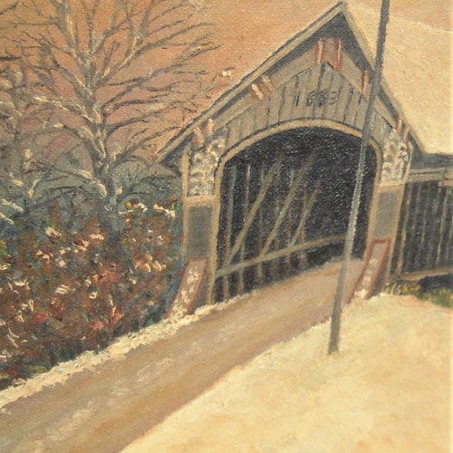 Vintage Primitive Painting American Covered Bridge in Winter signed Glodene King Landscape Farmhouse offers Decor