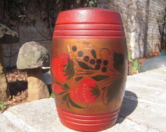 Antique Treen Box Handpainted with Strawberries Turned Wood Barrel Shape with Lid Sewing Needles and Pins