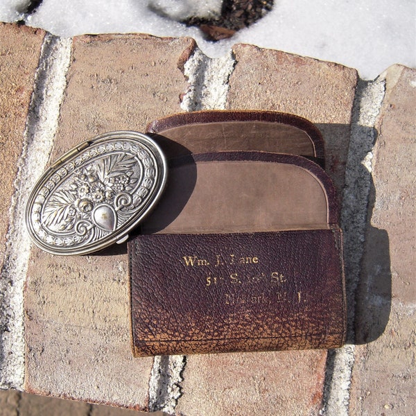 Two Antique Leather Change Coin Purses with one Name William J. Lane Newark, NJ and Fargo North Dakota History Snuff Pouch