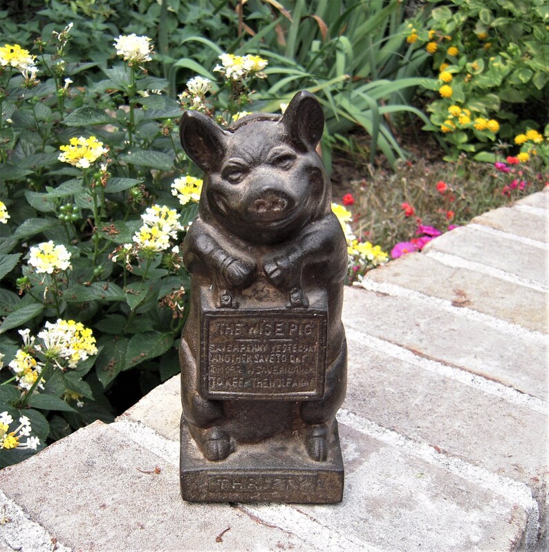Antique Cast Iron Piggy Bank Thrifty the Wise Pig Etsy