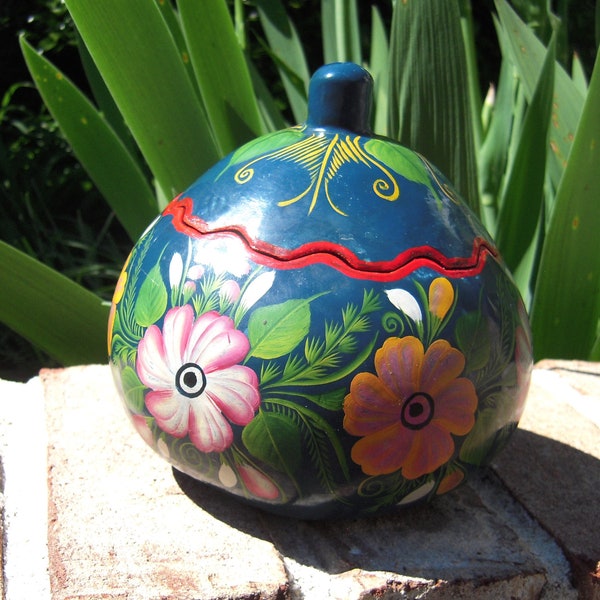 Vintage Mexican Folk Art Blue Painted Gourd Jewelry Trinket Box Signed