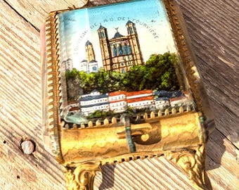 Antique French Jewelry Box Watch Holder Souvenir of Lyon France Basilica of Notre Dame Fourviere Ormolu Beveled Glass