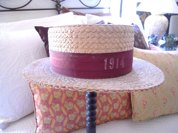 Antique Man's Straw Boater Hat Dated 1914