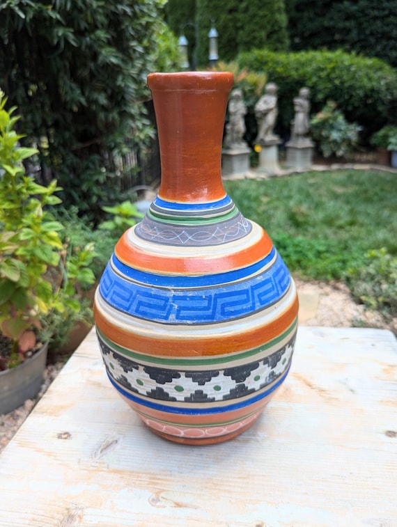 Vintage Mexican Pottery Clay Water Jug Tonala Opaque Aztec Design