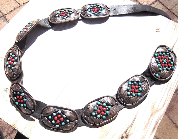 Rare Circle Leaves Vintage Native American Navajo Turquoise Coral Sterling Silver Ring Rare Circle Leaves Vintage Native American Navajo Turquoise Coral Sterling Silver Ring