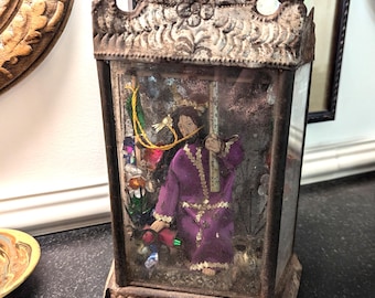 Antique Mexican Nicho Tin Glass Jesus Cross Ex Voto Folk Art Catholic Worship